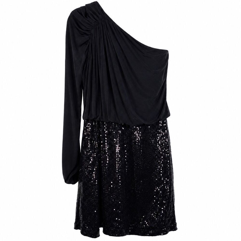 Laundry by Shelli Segal Black One Shoulder Sequin Cocktail Mini Dress Party Even